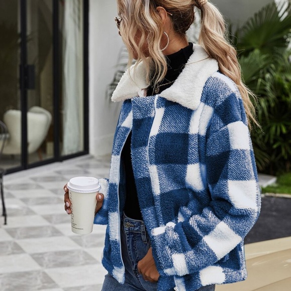 blue white plaid collar pocket fall teddy coat - Picture 2 of 5